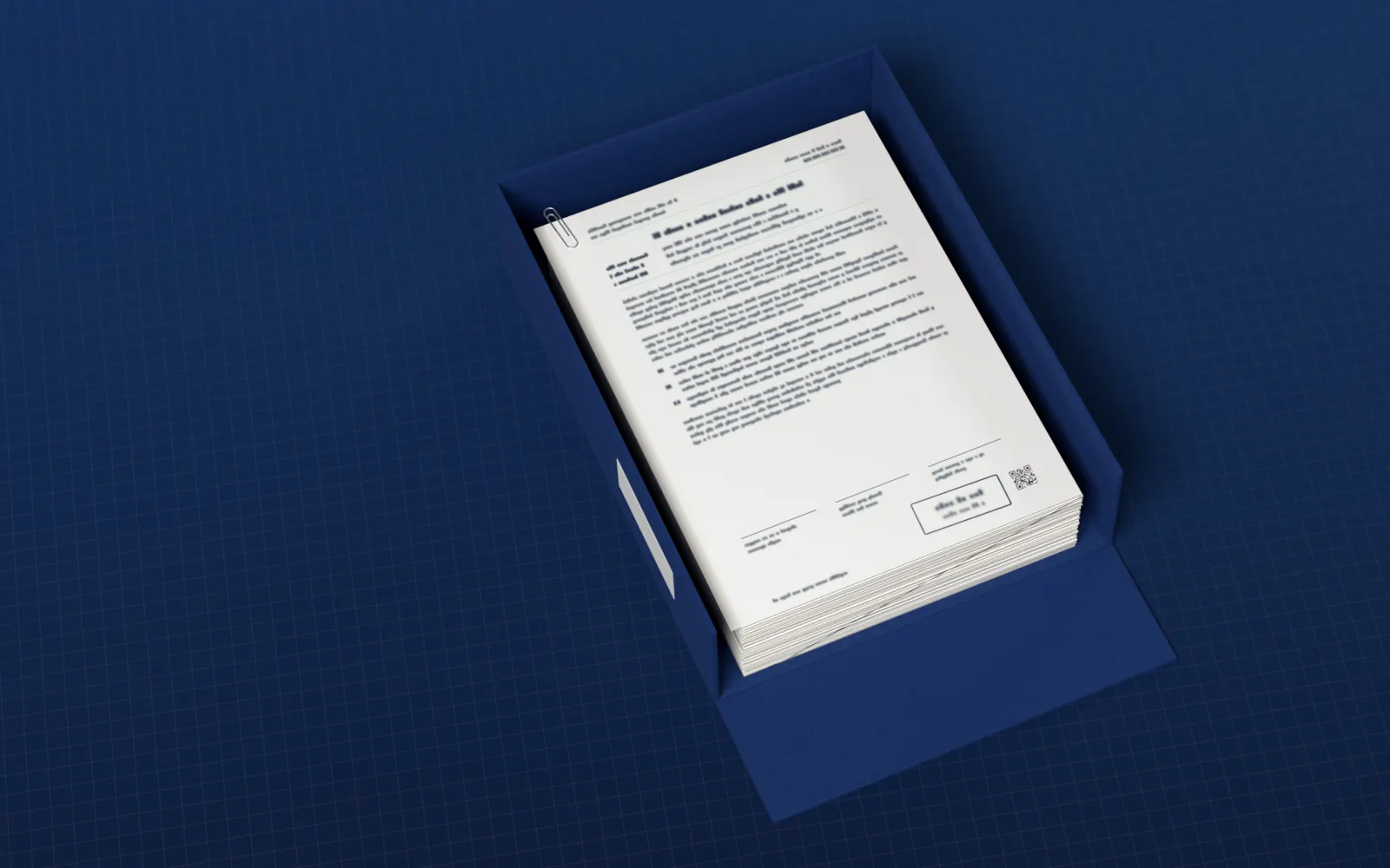 Decision pages stacked in a navy archive box. The top page carries a dated stamp and a QR code.