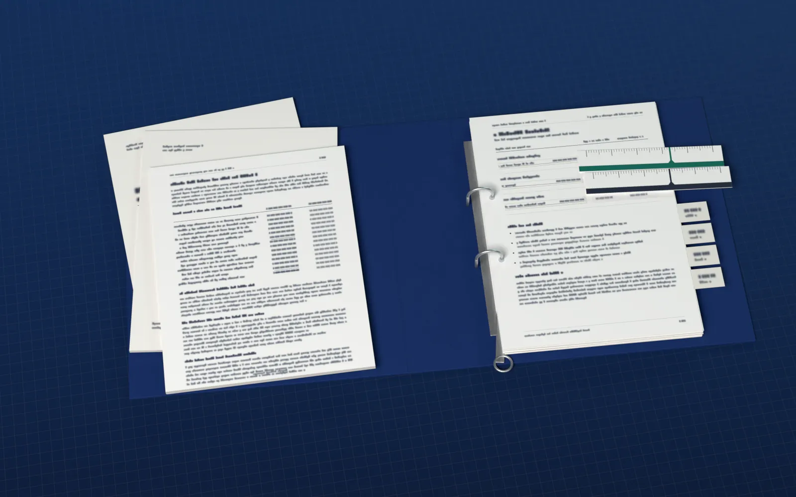 An open committee binder. Two rulers lie side by side across the ratio rows of a page.