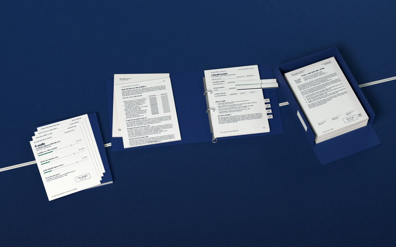 A stack of measurement records, an open committee binder and an archive box on a navy ledger cover.